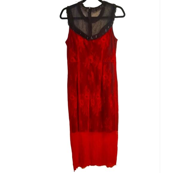 EUC DVF Beaded & Lace Black Red Midi Dress Sz 8 - Picture 3 of 8